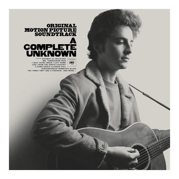 Black and white image of Timothée Chalamet holding a guitar, with the text 'A COMPLETE UNKNOWN' and 'Original Motion Picture Soundtrack' displayed.